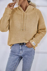 Waffle Knit Drawstring Hooded Sweater-MXSTUDIO.COM