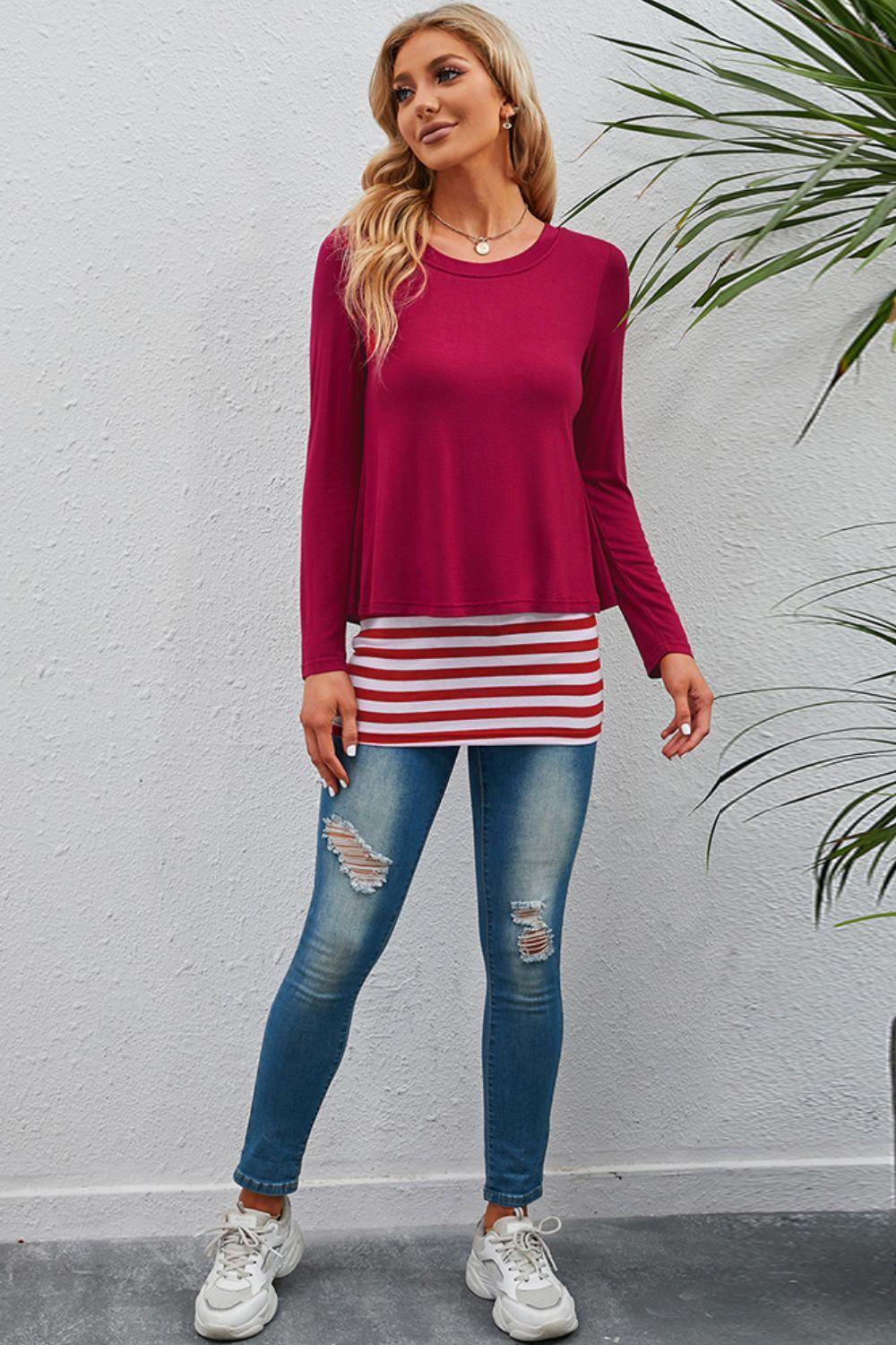 Waiting For You Layered Striped Long Sleeve Top - MXSTUDIO.COM