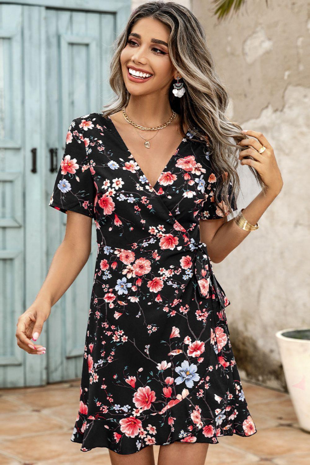 Wander Aimlessly Ruffle Floral Wrap Mini Dress - MXSTUDIO.COM