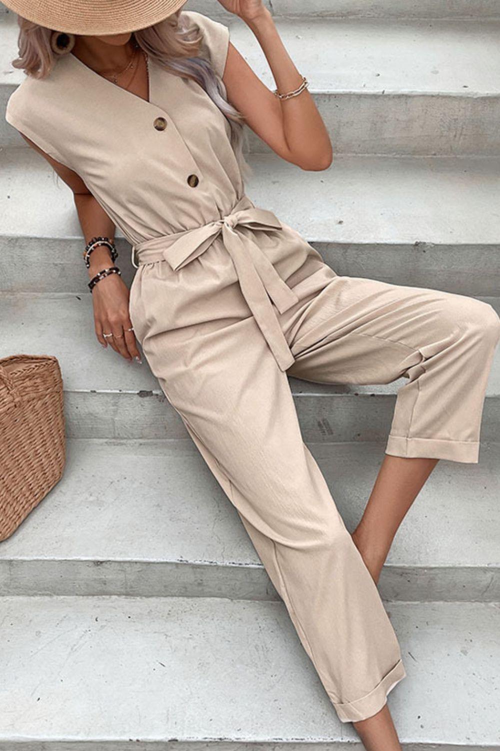 Wander in Style Tie Waist Capped Sleeve Jumpsuit - MXSTUDIO.COM