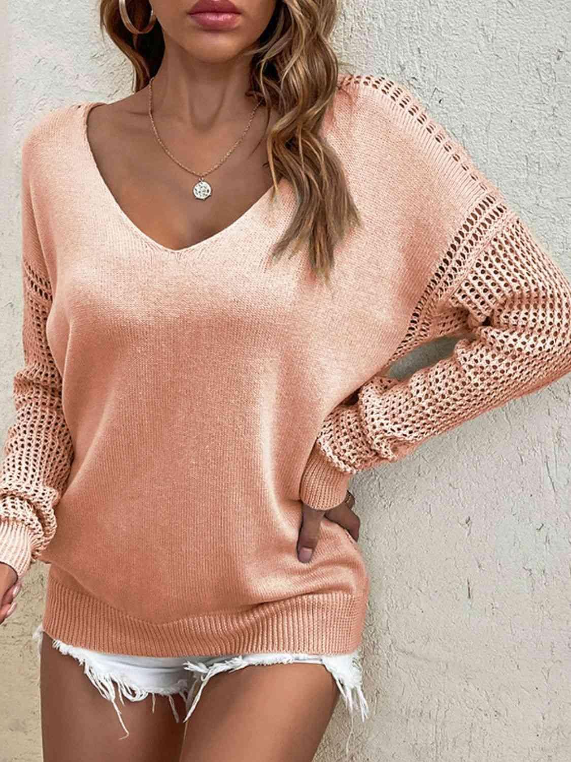 Warm Aesthetic Open Knit V Neck Pullover Sweater-MXSTUDIO.COM