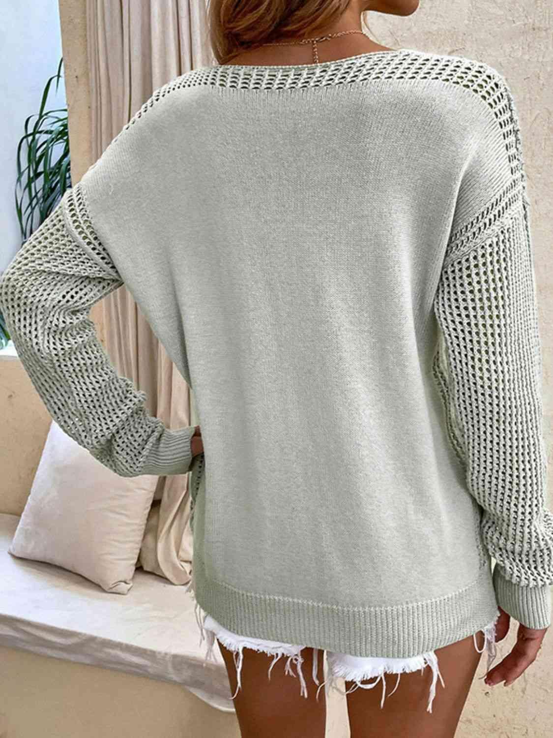 Warm Aesthetic Open Knit V Neck Pullover Sweater-MXSTUDIO.COM