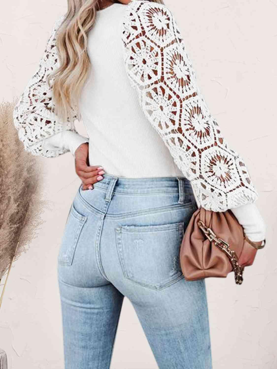 Warm And Refined Lace White Long Sleeve Knit Top-MXSTUDIO.COM