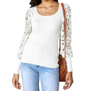 Warm And Refined Lace White Long Sleeve Knit Top-MXSTUDIO.COM