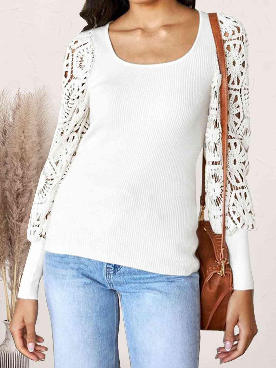 Warm And Refined Lace White Long Sleeve Knit Top-MXSTUDIO.COM