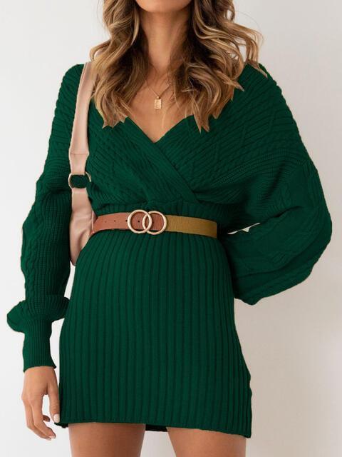 Warm Charisma Long Sleeve Cable Knit Sweater Dress-MXSTUDIO.COM