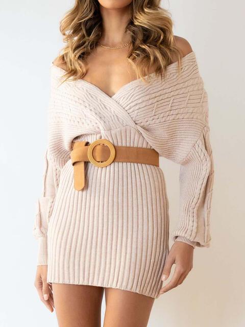 Warm Charisma Long Sleeve Cable Knit Sweater Dress-MXSTUDIO.COM