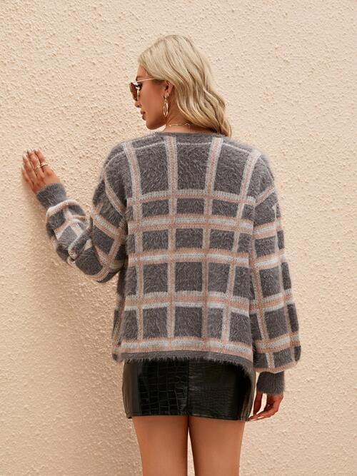 Warm Chic Open Front Plaid Furry Cardigan-MXSTUDIO.COM