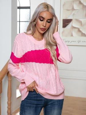Warm Delight Color Block Cable-Knit Sweater - MXSTUDIO.COM