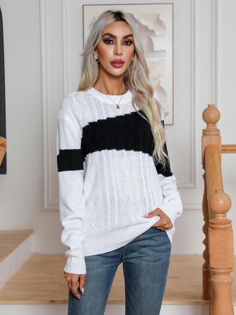 Warm Delight Color Block Cable-Knit Sweater - MXSTUDIO.COM
