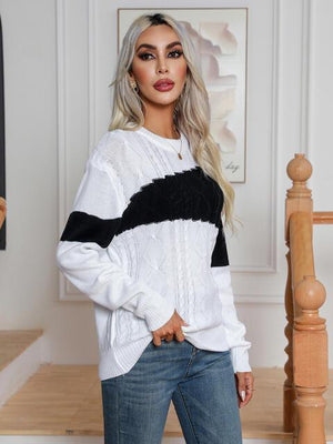 Warm Delight Color Block Cable-Knit Sweater - MXSTUDIO.COM