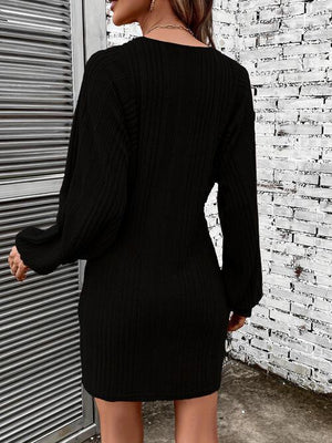 Warm Elegance Ribbed Lantern Sleeve Sweater Dress-MXSTUDIO.COM