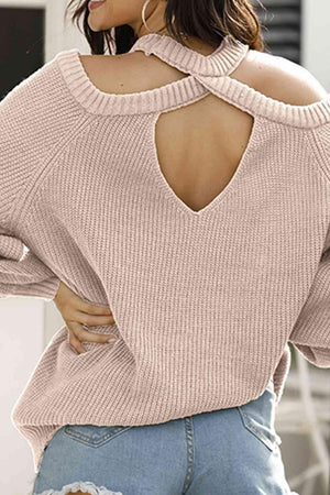 Warm Fashion Cold Shoulder Open Back Knit Sweater-MXSTUDIO.COM