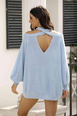 Warm Fashion Cold Shoulder Open Back Knit Sweater-MXSTUDIO.COM