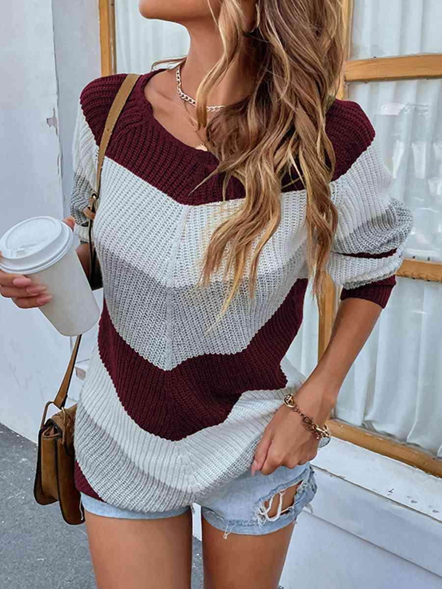 Warm Go-To Crew Neck Striped Rib Knit Sweater-MXSTUDIO.COM