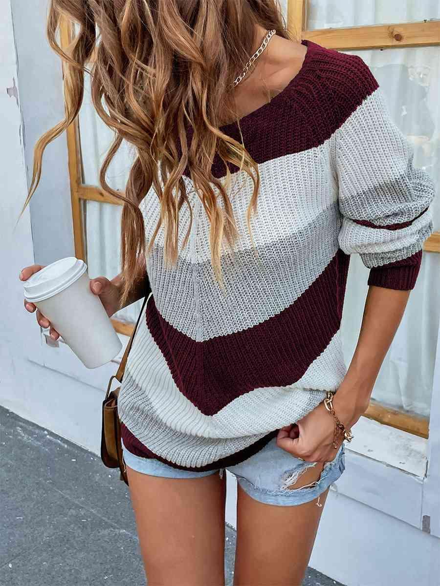 Warm Go-To Crew Neck Striped Rib Knit Sweater-MXSTUDIO.COM