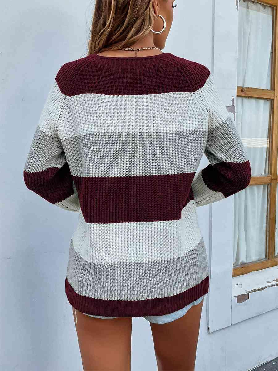 Warm Go-To Crew Neck Striped Rib Knit Sweater-MXSTUDIO.COM