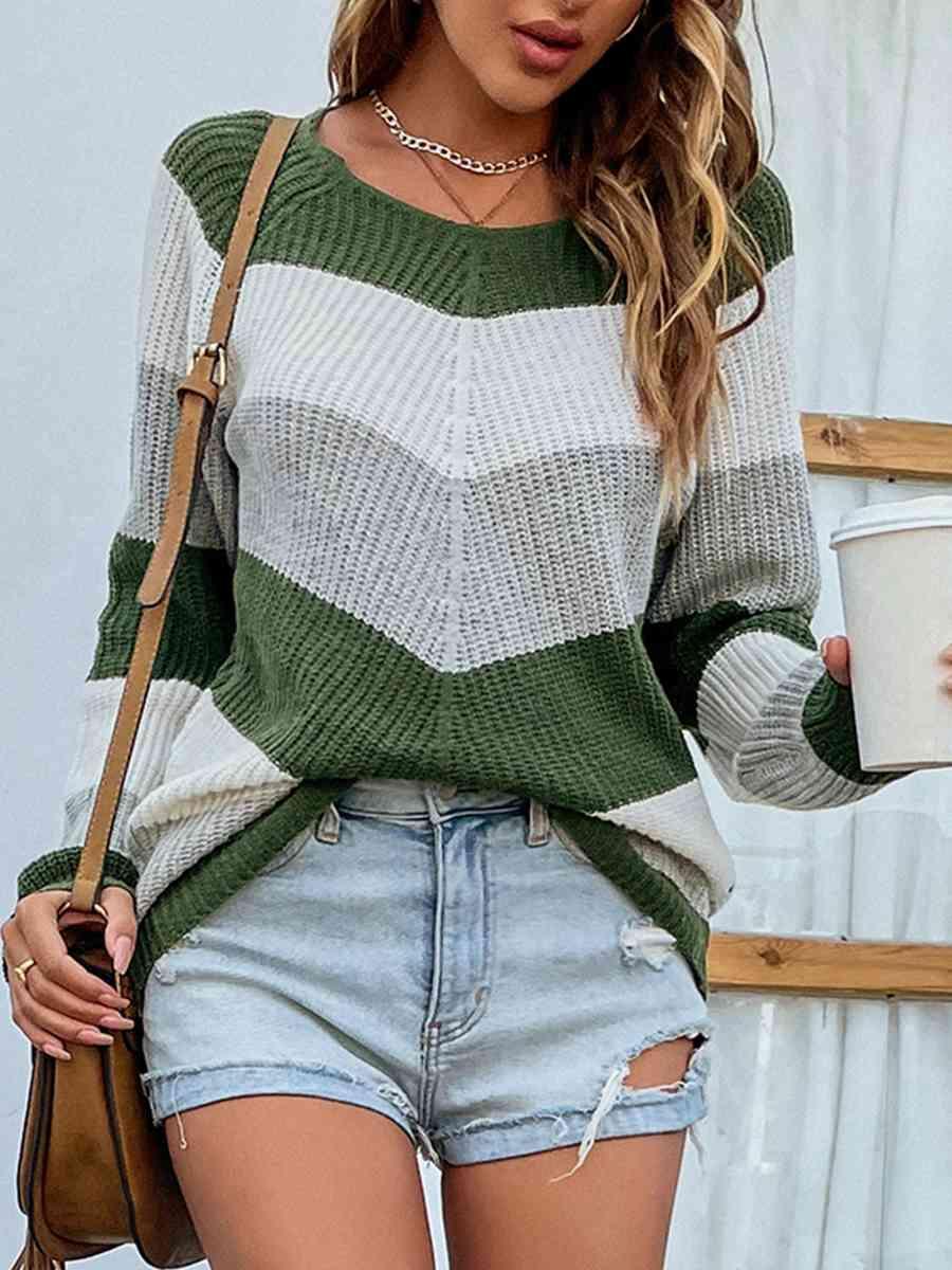 Warm Go-To Crew Neck Striped Rib Knit Sweater-MXSTUDIO.COM