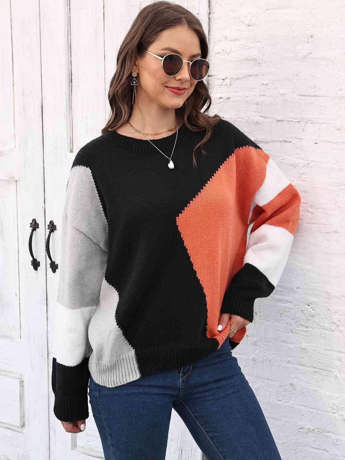 Warm In Style Crew Neck Color Block Sweater - MXSTUDIO.COM