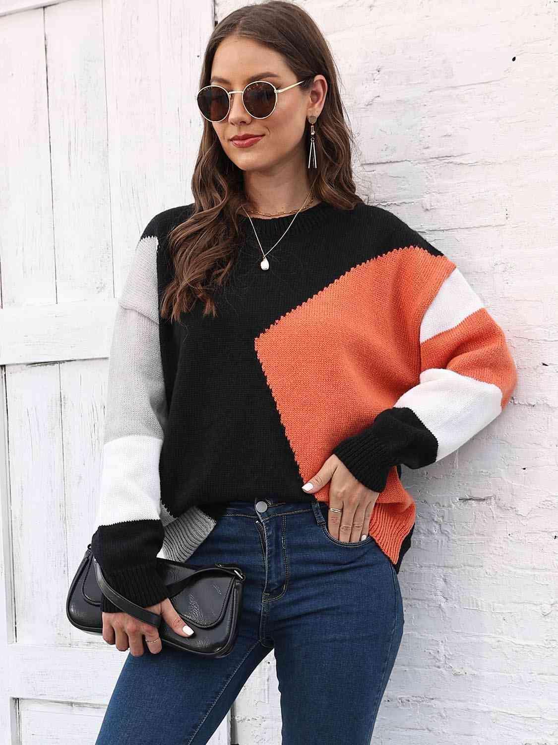 Warm In Style Crew Neck Color Block Sweater - MXSTUDIO.COM