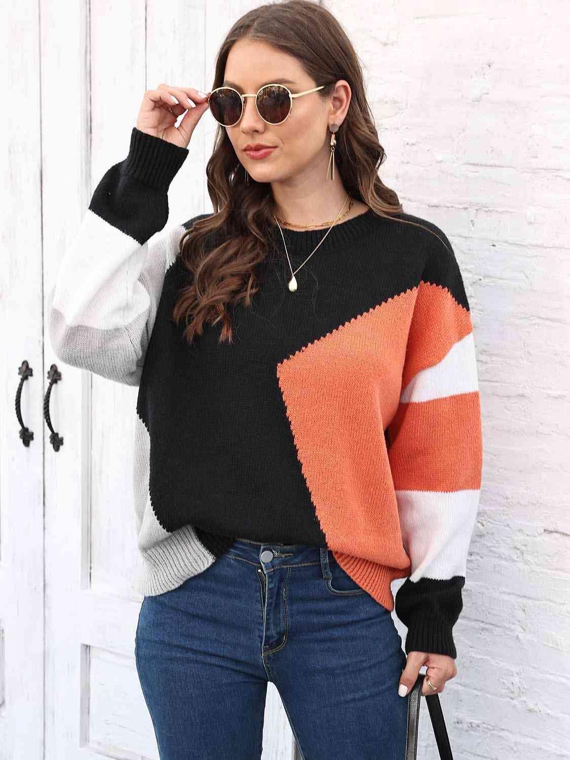 Warm In Style Crew Neck Color Block Sweater - MXSTUDIO.COM