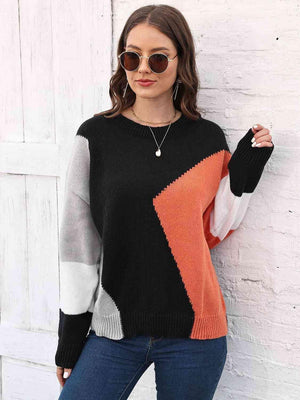 Warm In Style Crew Neck Color Block Sweater - MXSTUDIO.COM