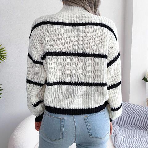 Warm Insulation Knitted Striped Mock Neck Sweater-MXSTUDIO.COM