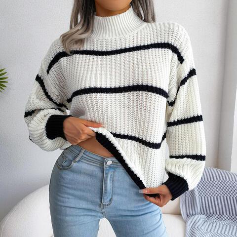 Warm Insulation Knitted Striped Mock Neck Sweater-MXSTUDIO.COM