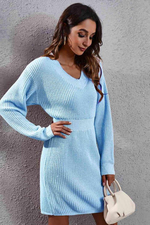 Warm Lady Ribbed Knit V Neck Sweater Dress - MXSTUDIO.COM