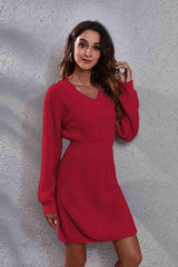 Warm Lady Ribbed Knit V Neck Sweater Dress - MXSTUDIO.COM