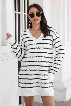 Warm Leisure V-Neck Striped Sweater Dress - MXSTUDIO.COM