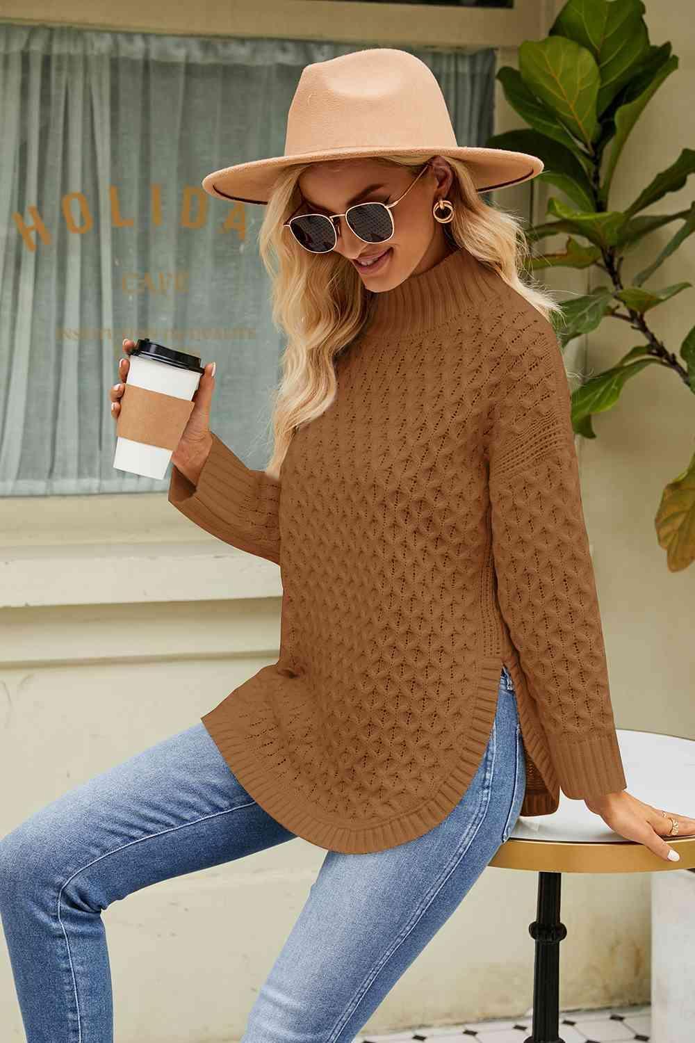 Warm Satisfaction Curve Hem Mock Neck Sweater - MXSTUDIO.COM