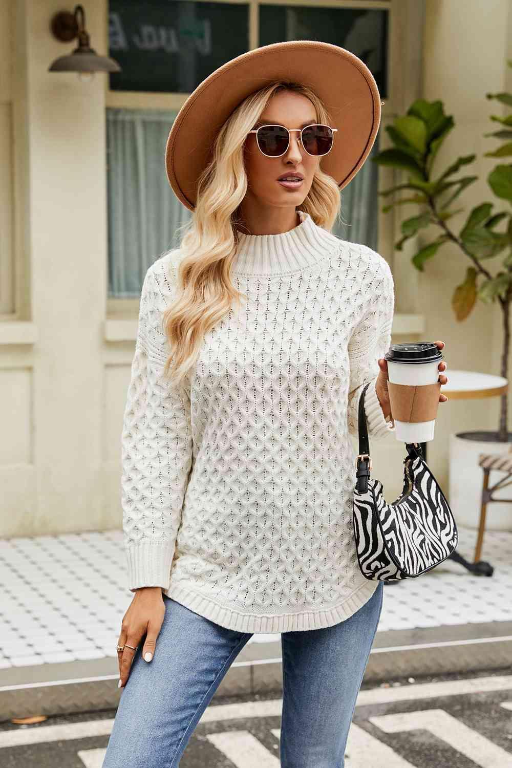 Warm Satisfaction Curve Hem Mock Neck Sweater - MXSTUDIO.COM