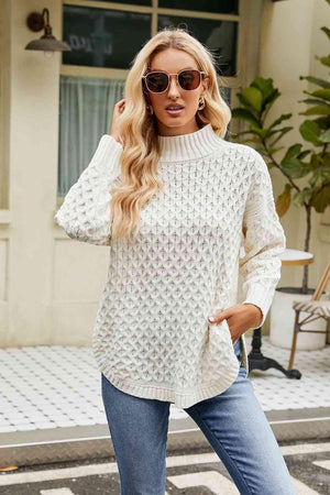 Warm Satisfaction Curve Hem Mock Neck Sweater - MXSTUDIO.COM