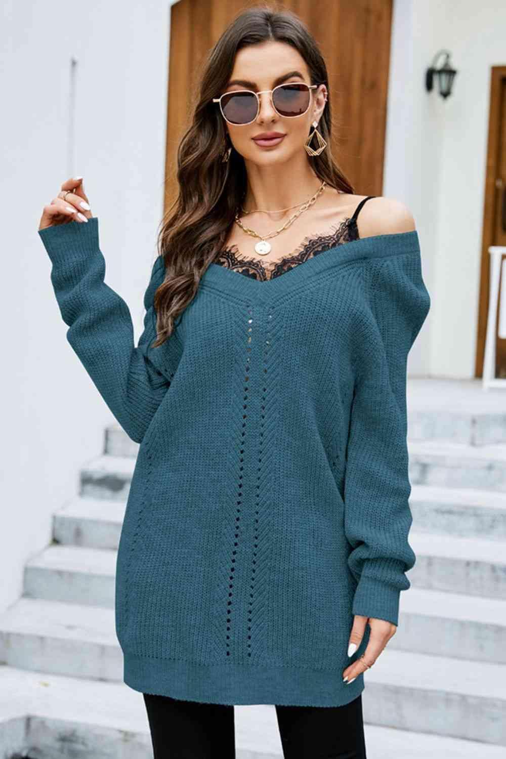 Warm Seduction Lace Off The Shoulder Sweater Dress-MXSTUDIO.COM