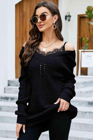 Warm Seduction Lace Off The Shoulder Sweater Dress-MXSTUDIO.COM