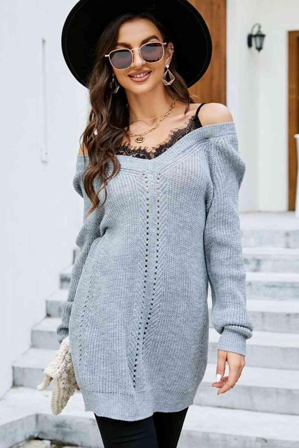 Warm Seduction Lace Off The Shoulder Sweater Dress-MXSTUDIO.COM