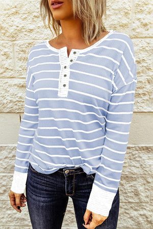 Warm Striped Knit Henley Long Sleeve T-Shirt - MXSTUDIO.COM