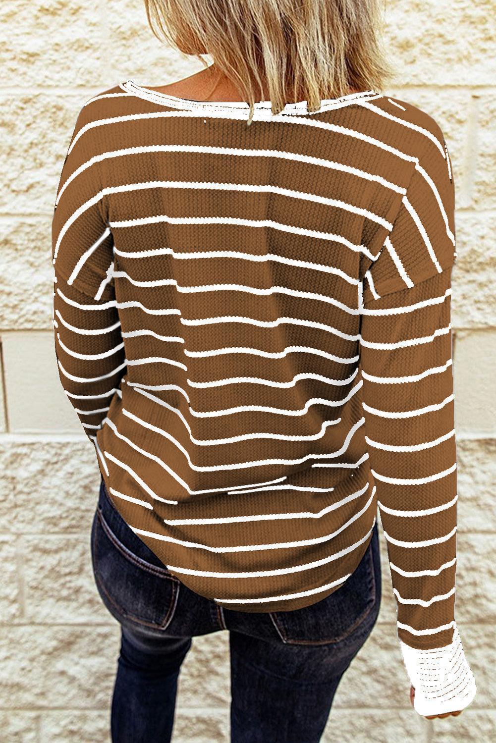 Warm Striped Knit Henley Long Sleeve T-Shirt - MXSTUDIO.COM