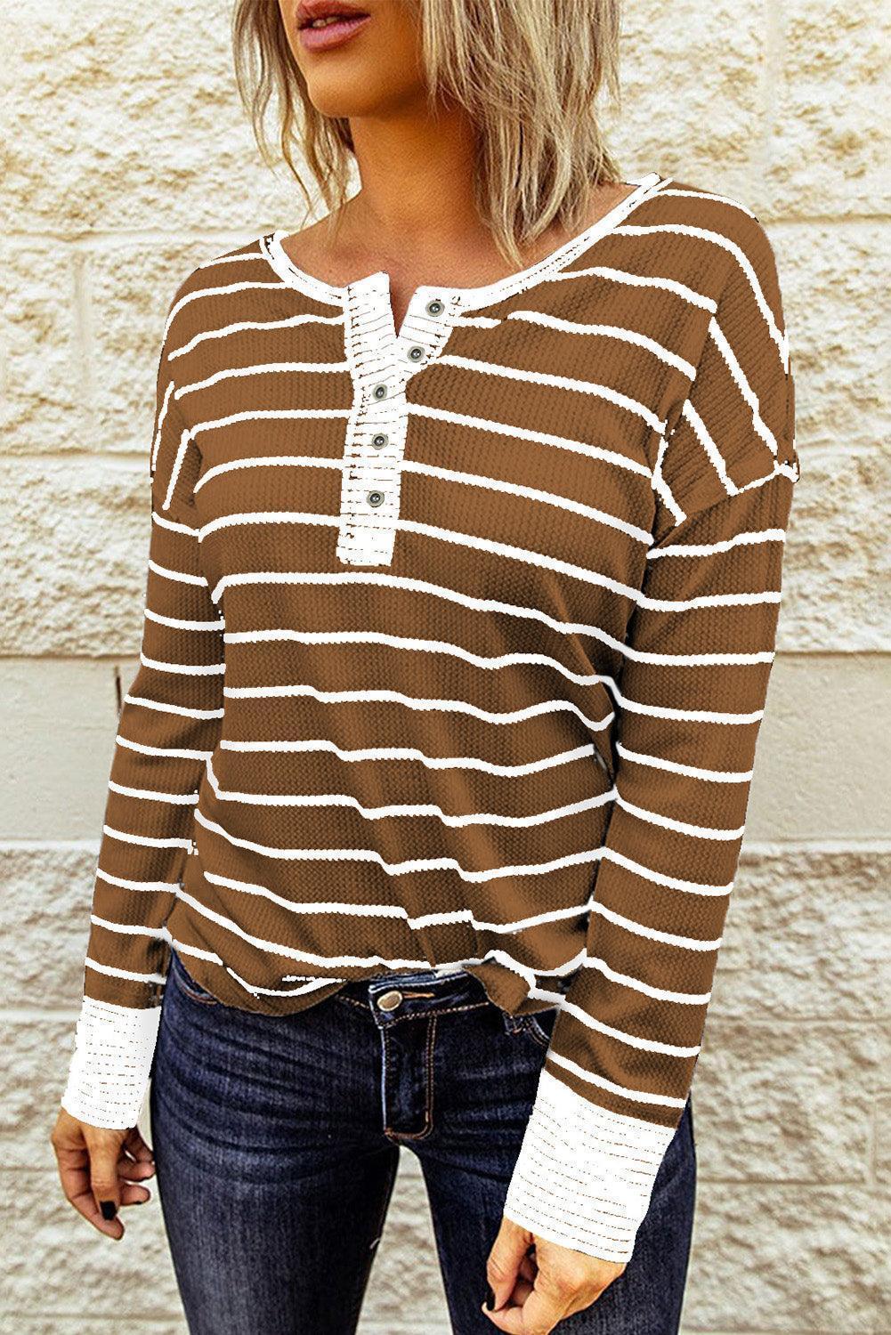 Warm Striped Knit Henley Long Sleeve T-Shirt - MXSTUDIO.COM