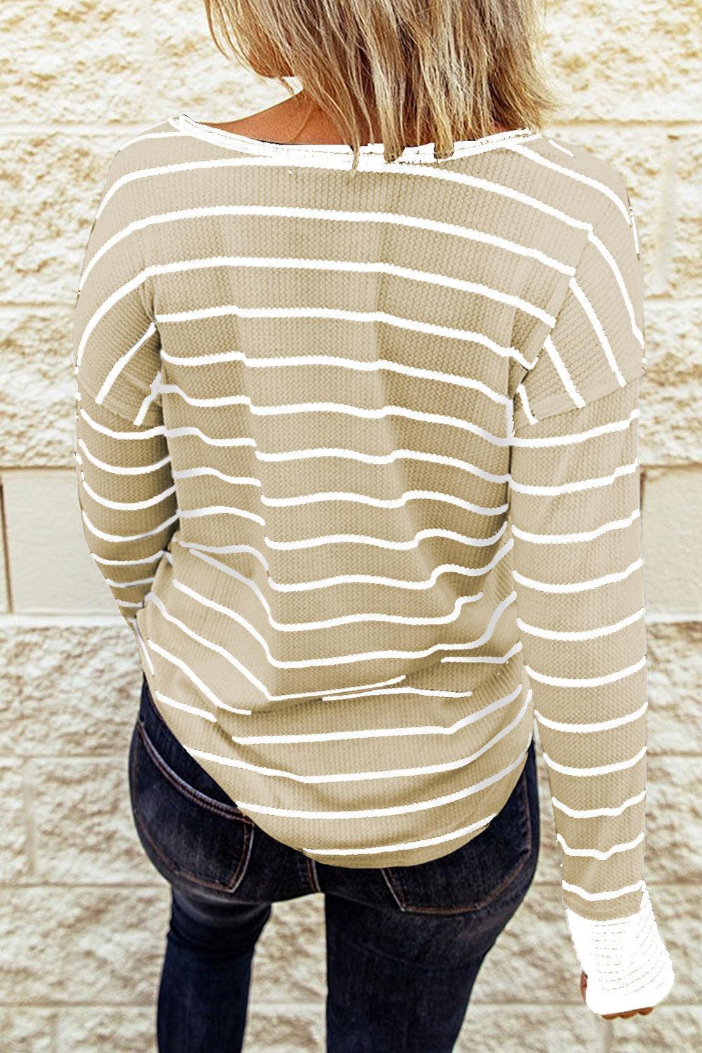 Warm Striped Knit Henley Long Sleeve T-Shirt - MXSTUDIO.COM