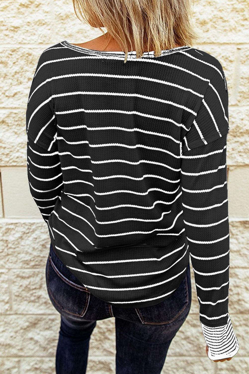 Warm Striped Knit Henley Long Sleeve T-Shirt - MXSTUDIO.COM