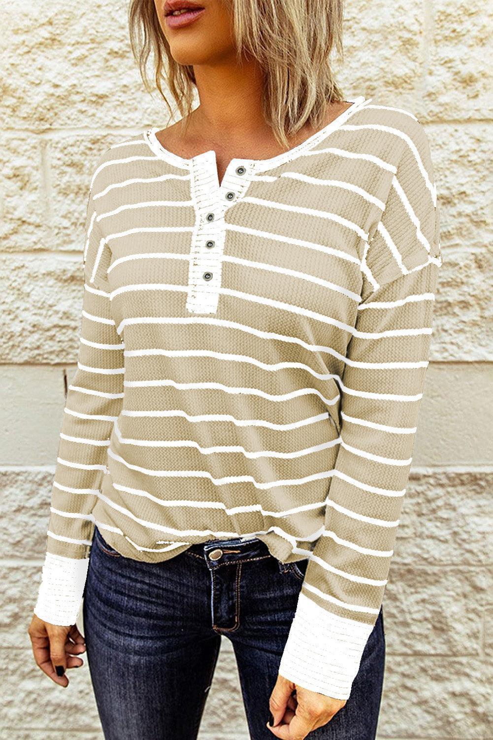 Warm Striped Knit Henley Long Sleeve T-Shirt - MXSTUDIO.COM