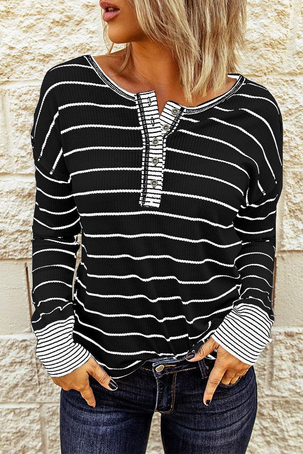 Warm Striped Knit Henley Long Sleeve T-Shirt - MXSTUDIO.COM