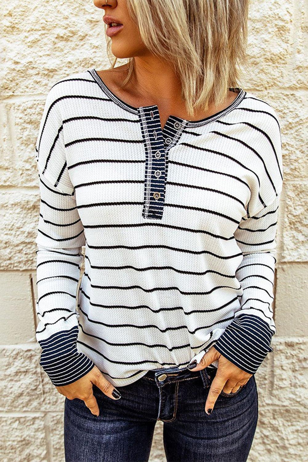 Warm Striped Knit Henley Long Sleeve T-Shirt - MXSTUDIO.COM