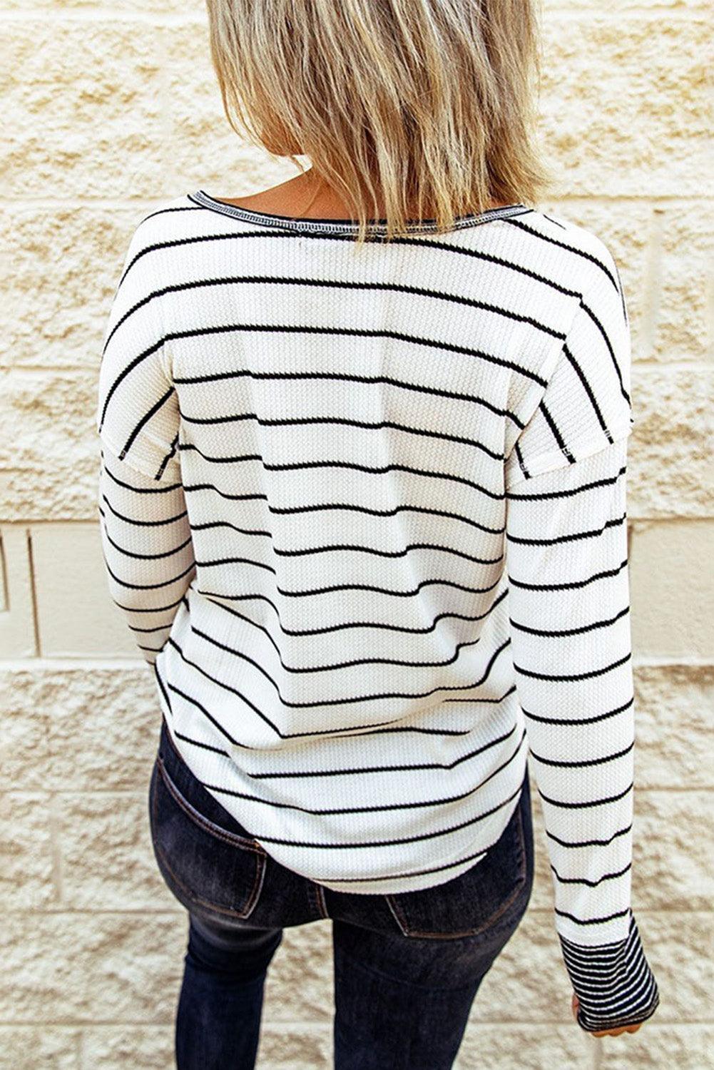 Warm Striped Knit Henley Long Sleeve T-Shirt - MXSTUDIO.COM