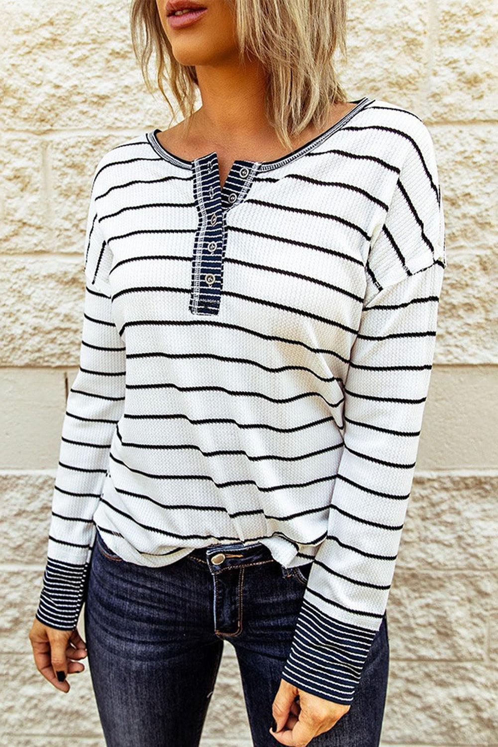 Warm Striped Knit Henley Long Sleeve T-Shirt - MXSTUDIO.COM