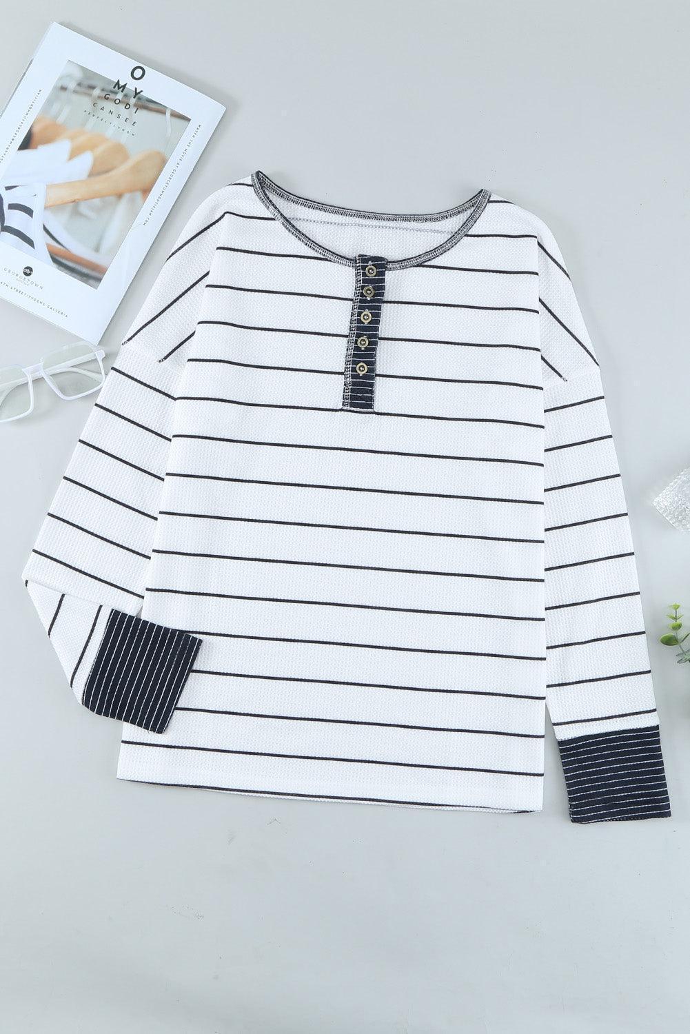 Warm Striped Knit Henley Long Sleeve T-Shirt - MXSTUDIO.COM