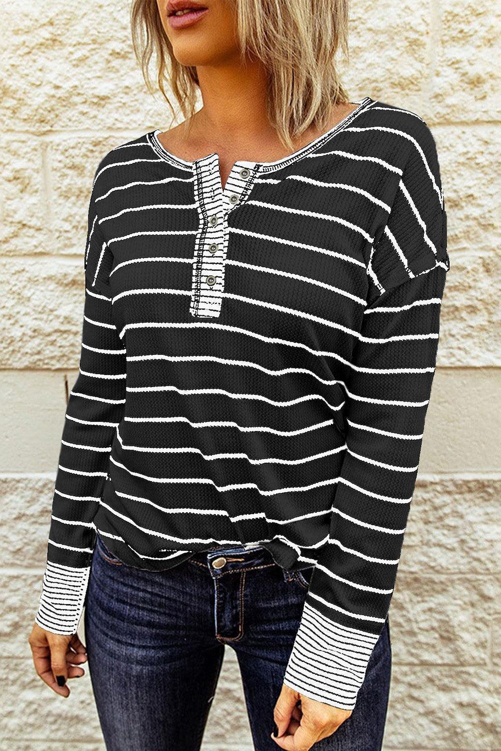 Warm Striped Knit Henley Long Sleeve T-Shirt - MXSTUDIO.COM