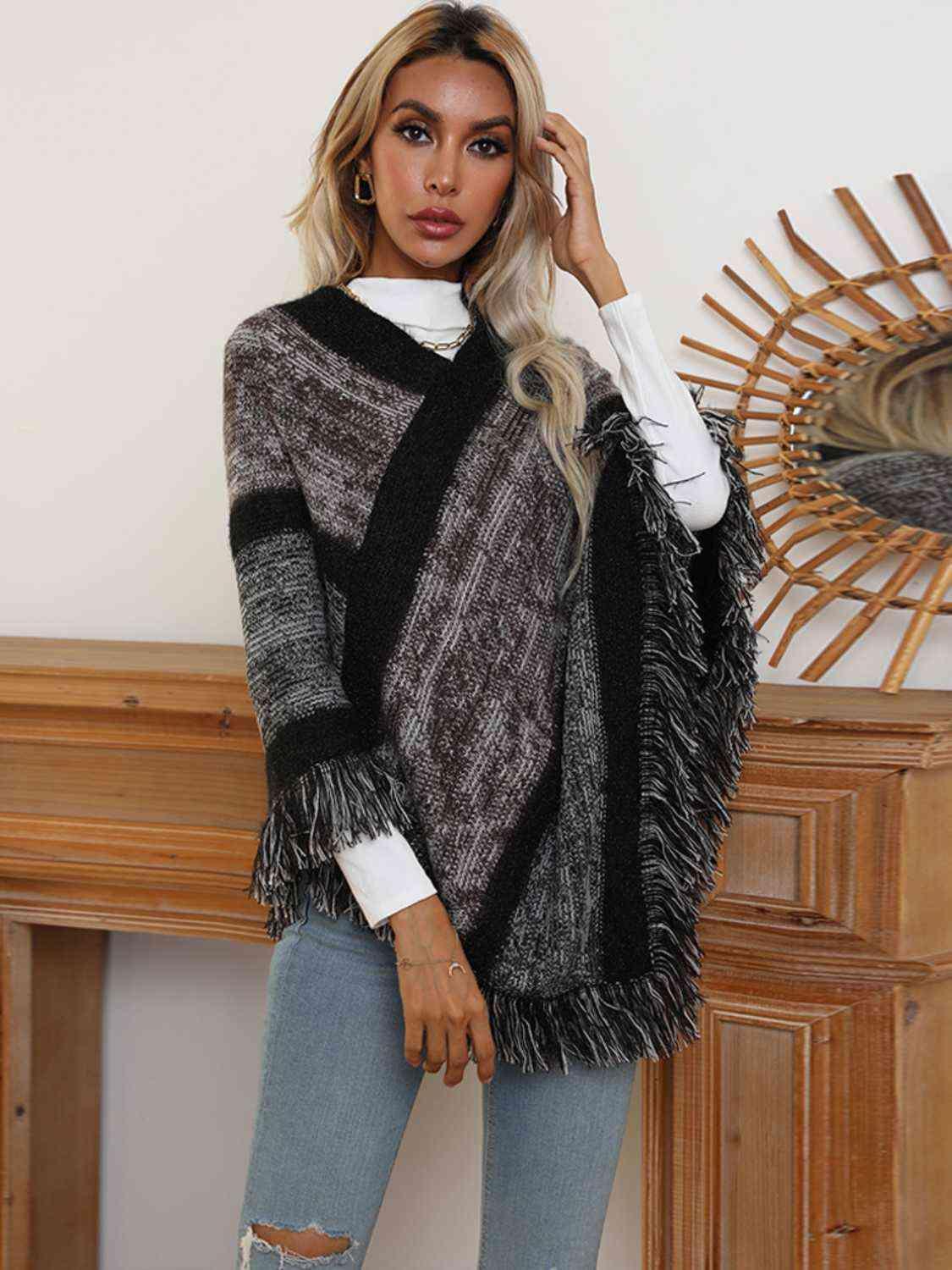 Warm Wrap V-Neck Fringe Poncho - MXSTUDIO.COM